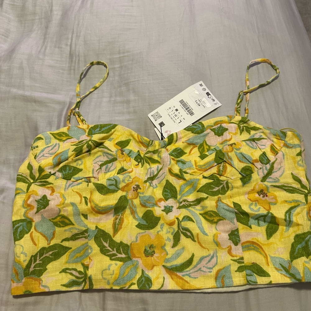 Zara Floral Yellow Cropped Spaghetti-Strap Top